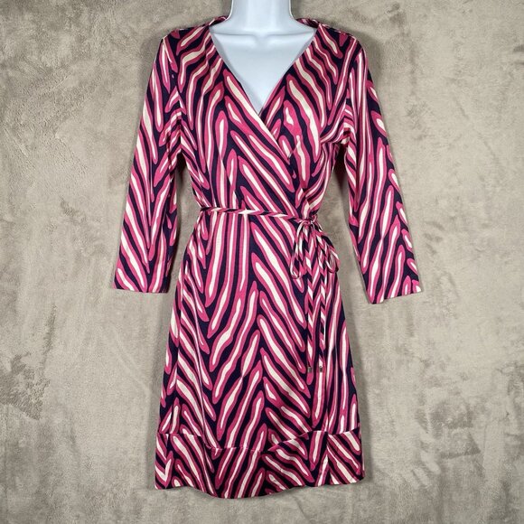 Diane von Furstenberg Naoki Wrap Dress 8 Pink Printed Silk Blend Retro Barbie - Picture 2 of 16